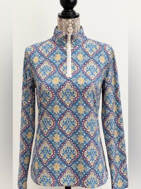 J. McLaughlin Blue Floral-Print Quarter-Zip Long Sleeve Top